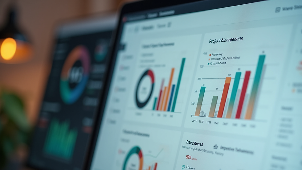 Close-up view of a computer screen displaying a project management dashboard with charts and timelines