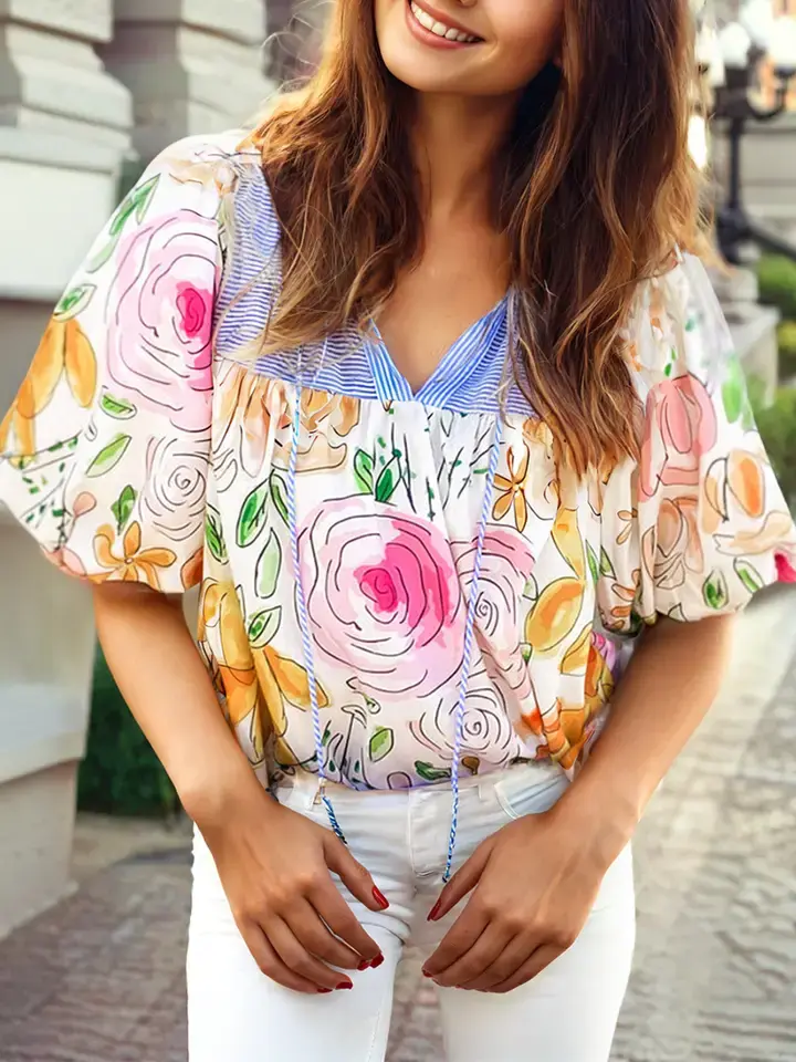 Thumbnail: Floral Striped Yoke Frilled V-Neck Puff Short Sleeved Blouse