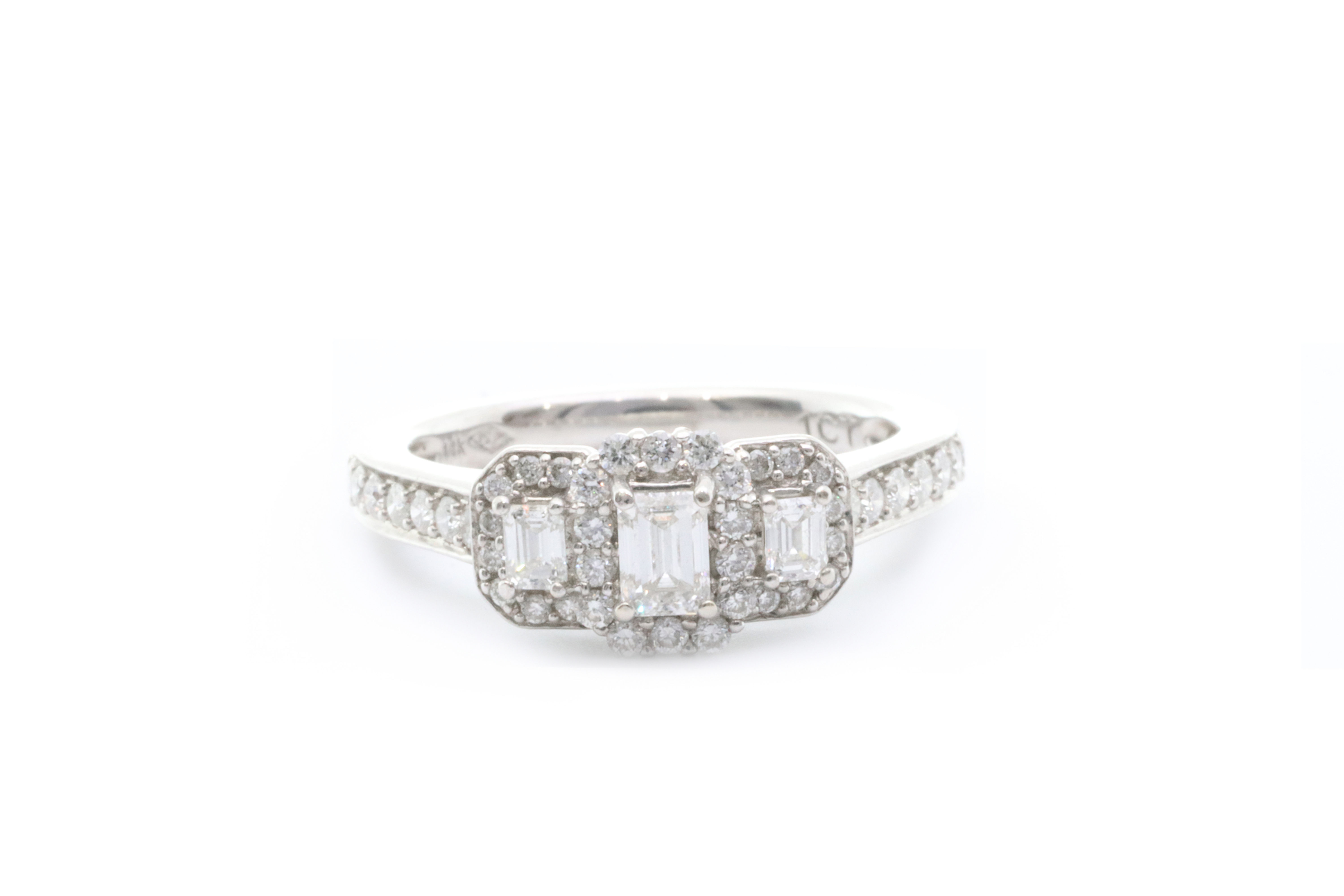 Emerald Cut Halo Three Stone Engagement Ring