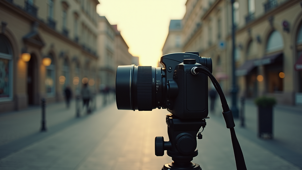 Eye-level view of a film camera on a tripod