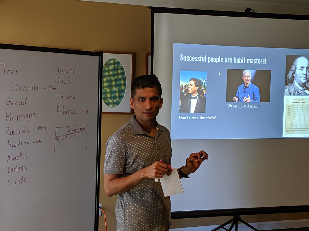 Yogeshwer Sharma, born in a small village in India with no running water and toilets, shares with students how small habits learned since childhood brought him to a PhD at Cornell University and to a position as an AI researcher at Facebook