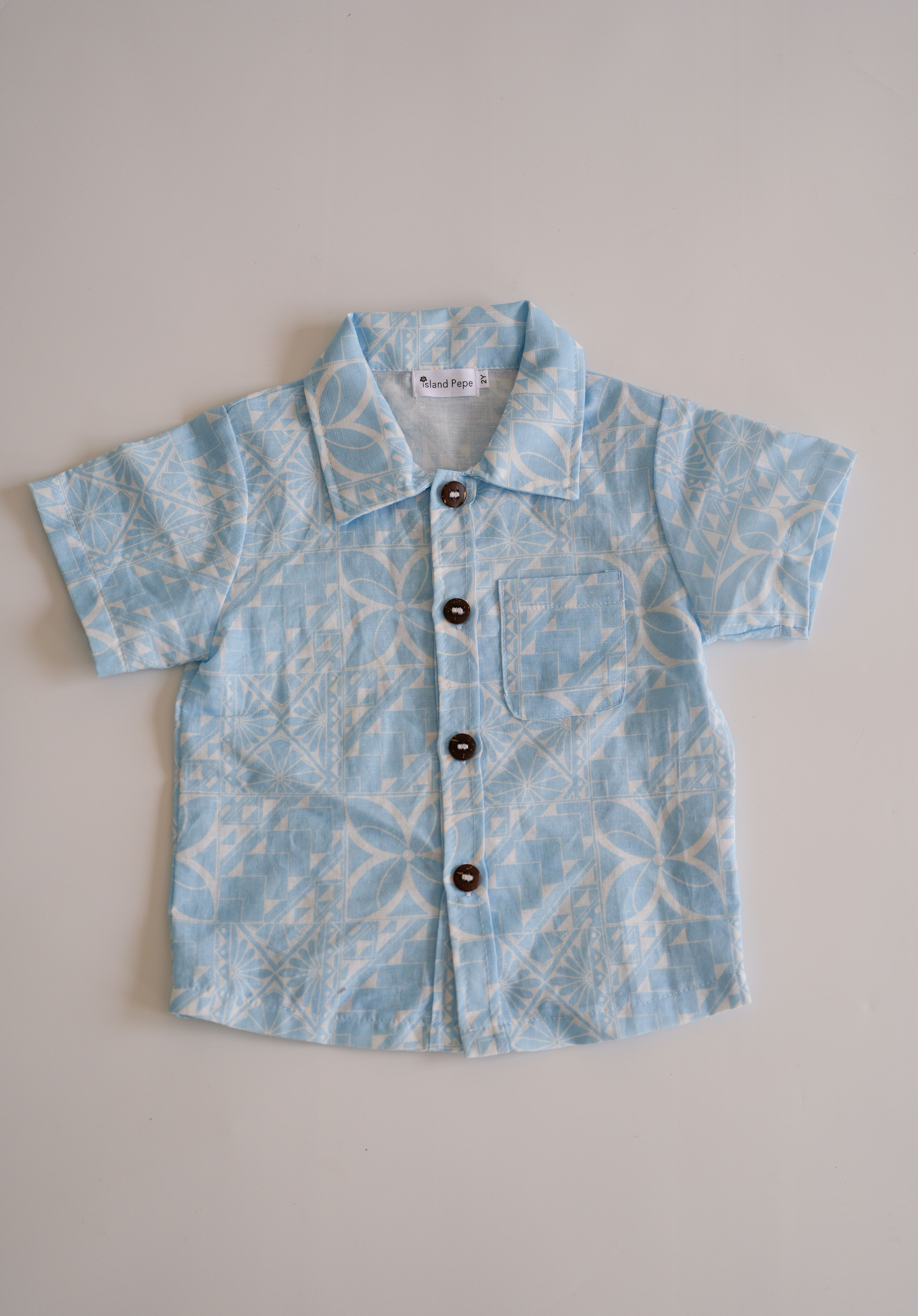 Island Pattern Cotton Linen Blend Shirt (blue)