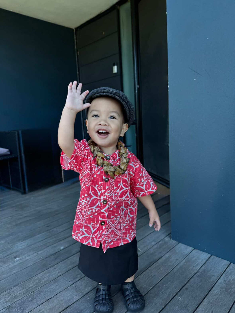 Thumbnail: Island Pattern Cotton Linen Blend Shirt (red)