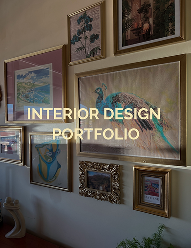 gold framed gallery wall used as a background with "Interior design portfolio" typed on it