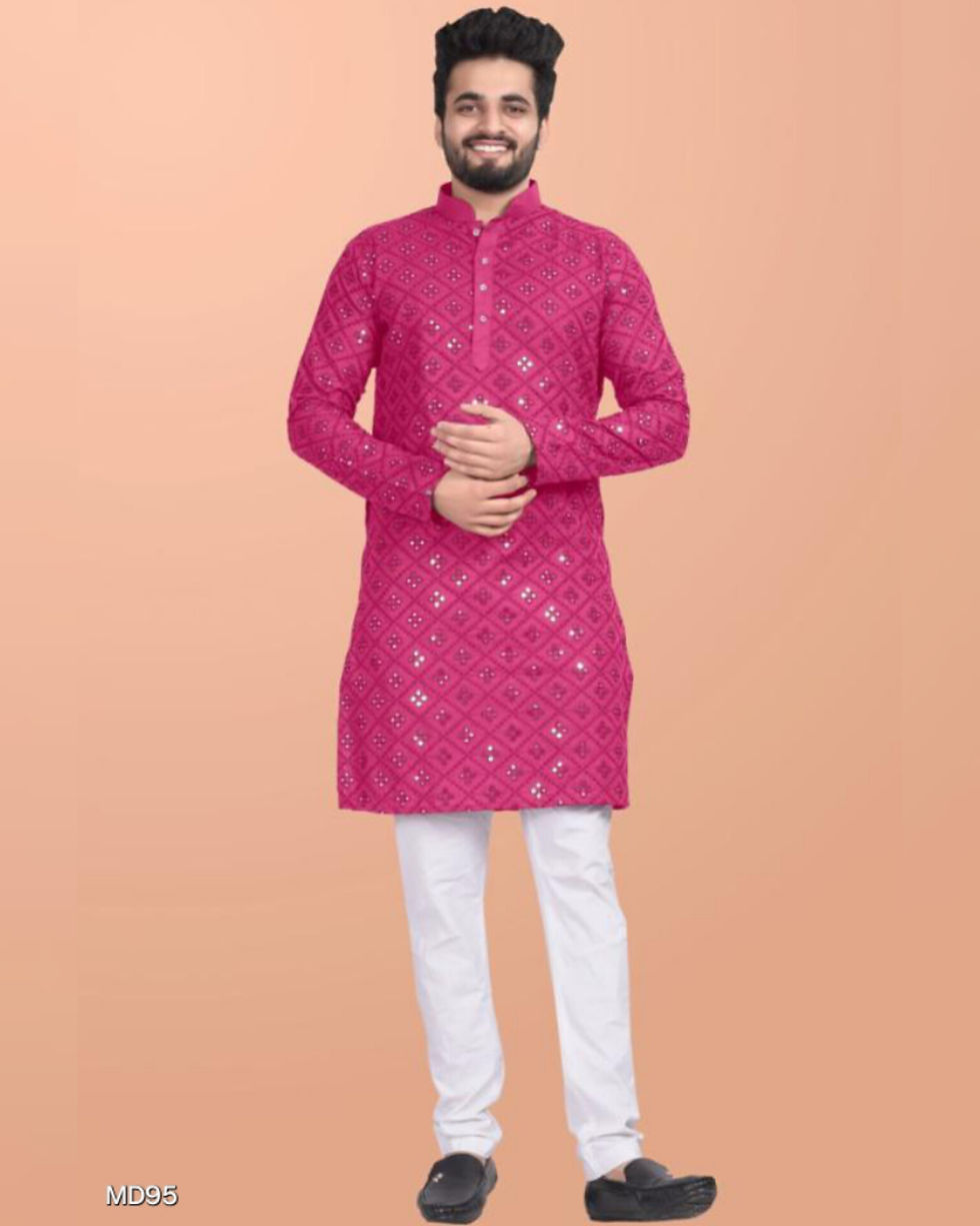 Cotton Mirror Work Men's Kurta Pyjama