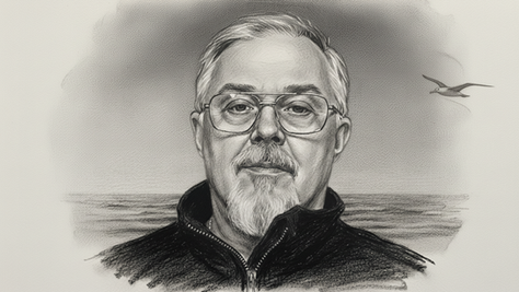 Tecknad porträtt av en äldre man med glasögon och skägg, bakgrund med hav och en flygande fågel, svart och vit med lugn känsla.