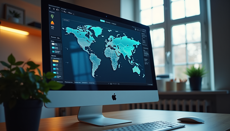High angle view of a computer screen showing AI-generated presentation templates