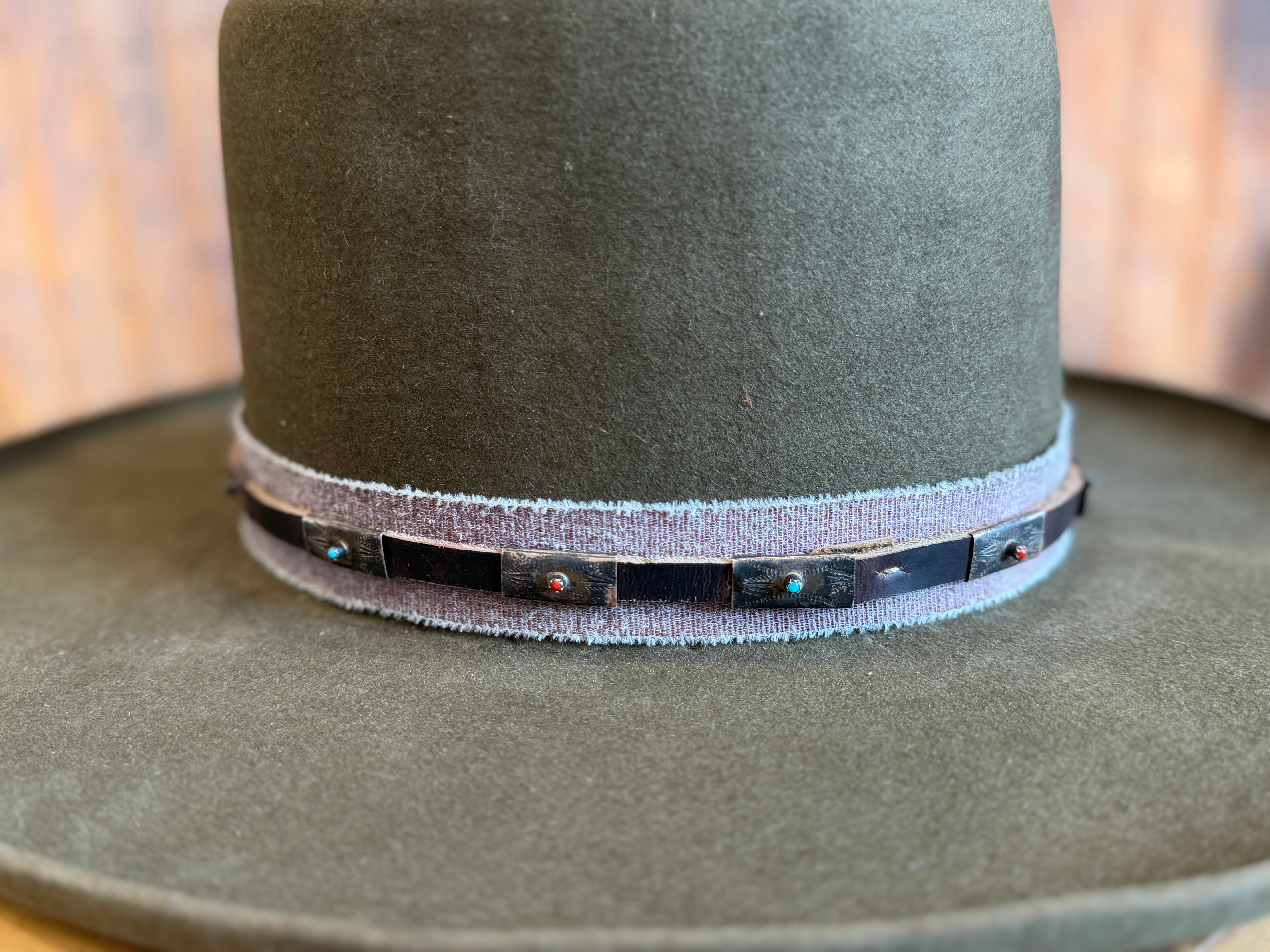 Vintage sterling and leather concho hat band with coral