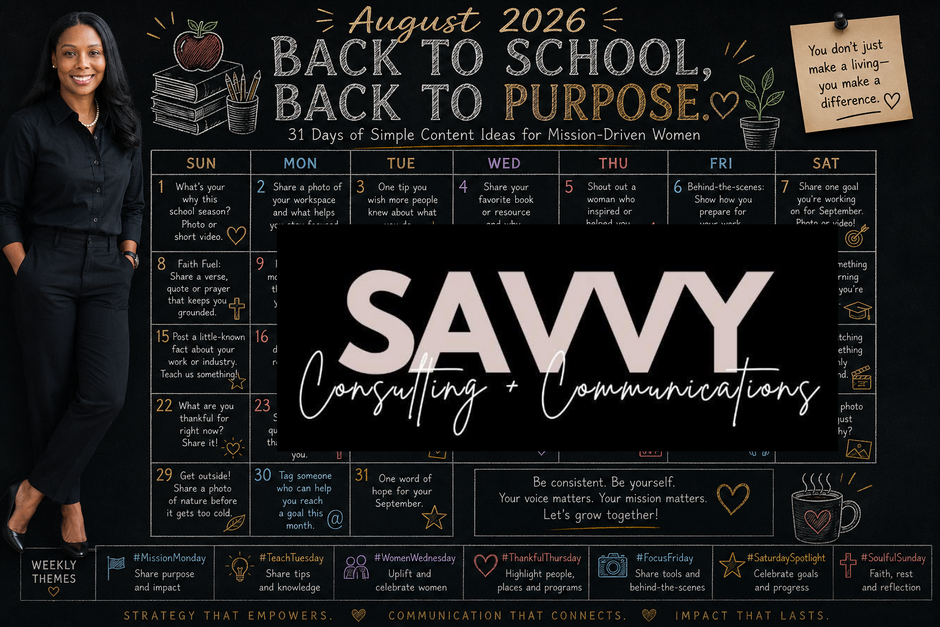 August 2026 Back to School, Back to Purpose social media content calendar with 31 daily prompts for mission-driven women.