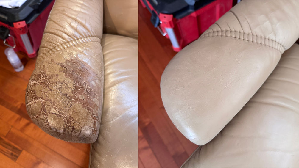 Beige armrest before and after restoration