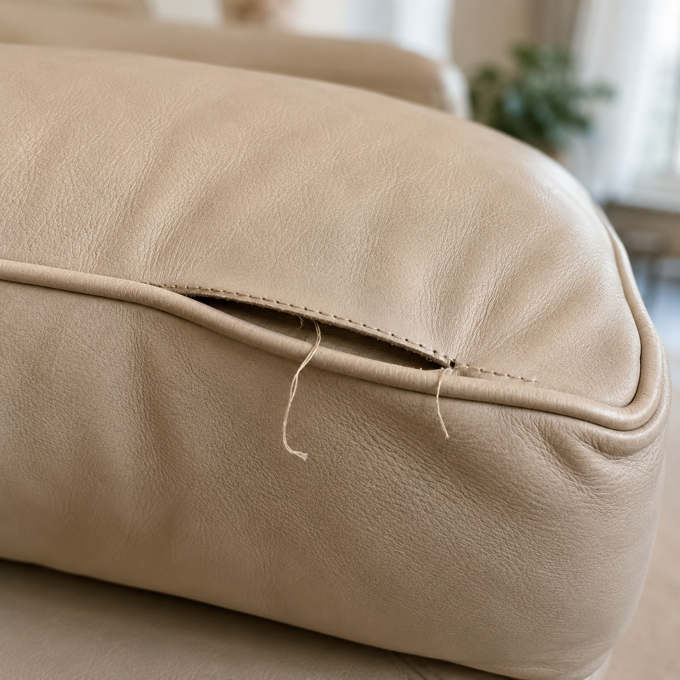 Close-up of a tan leather cushion with an open, unstitched seam, illustrating seam and panel repair
