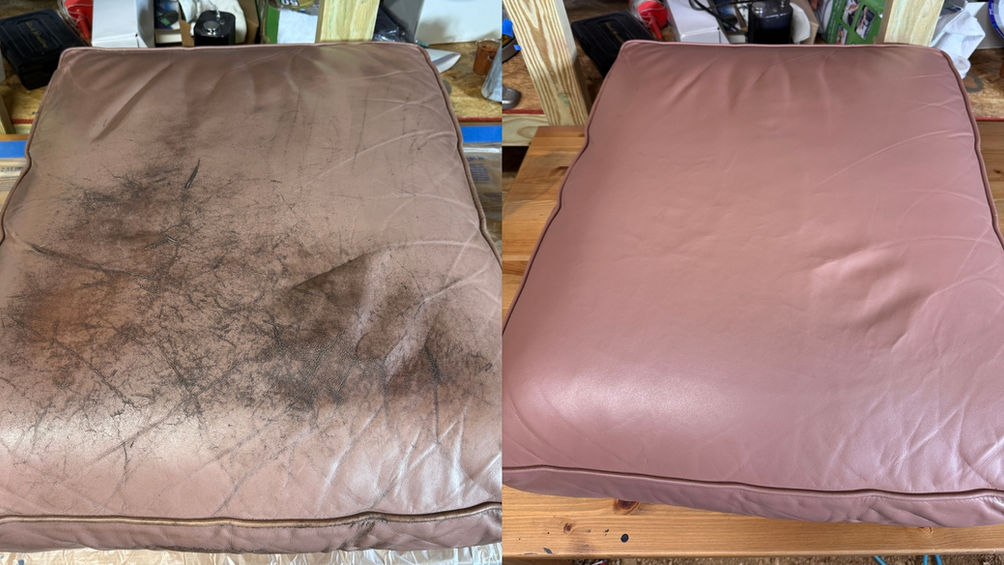 A cushion from the red sofa—before and after restoration.