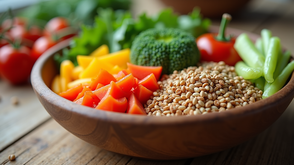 eye-level view of a bowl with fresh colorful vegetables and grains