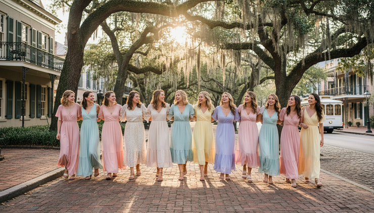 Wide-angle view of a bride squad walking under oak trees in Savannah