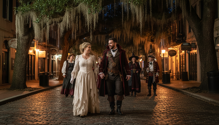 Wide-angle view of costumed adults walking along a Savannah street at night