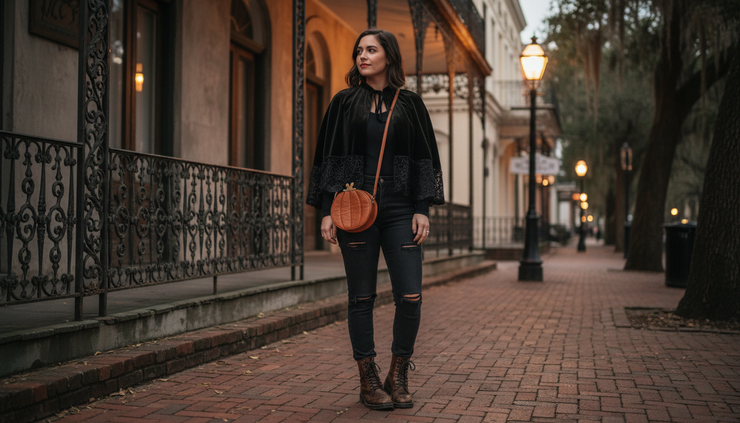 Medium shot of a Halloween bar crawl outfit with a small crossbody bag and cape