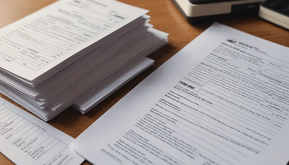 Tax documents with visible text titled "TIAX Tax Benefits." A silver pen and black glasses are on the papers. Blue and white color scheme.