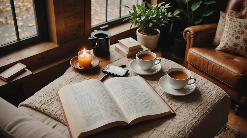 High angle view of a cozy reading nook with a tax preparation book
