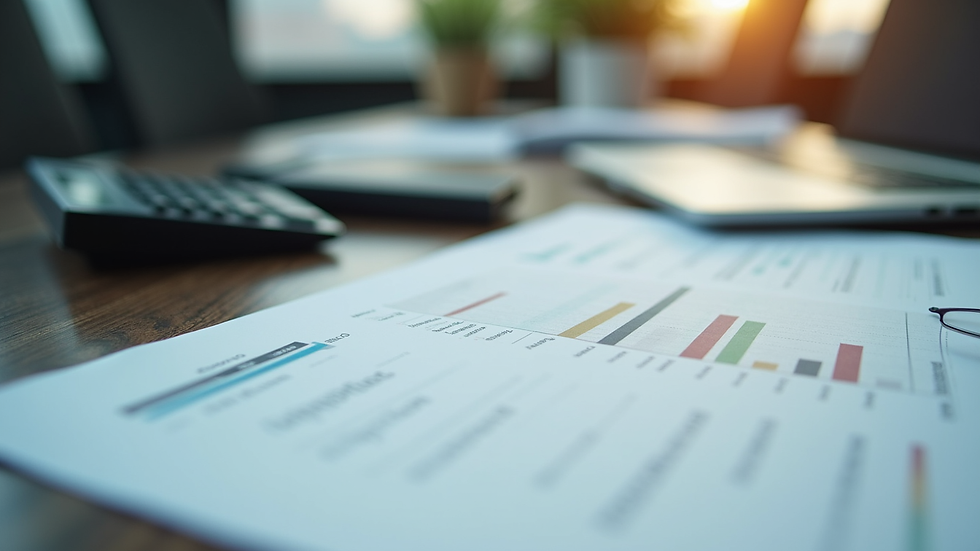 Eye-level view of a neat office desk with bookkeeping documents and calculator