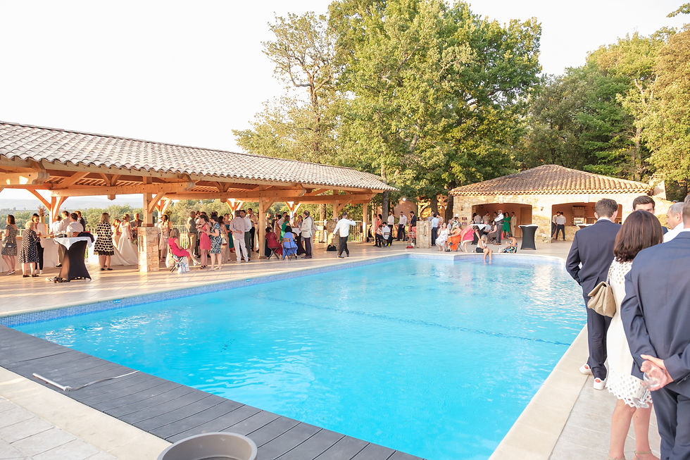 Le vin d'honneur au château de Roquefeuille, autour de la piscine au pied de la Sainte-Victoire