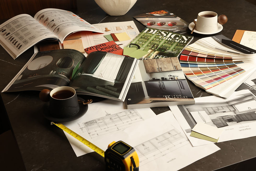 Design catalogs, color swatches, and plans to contact woodoo