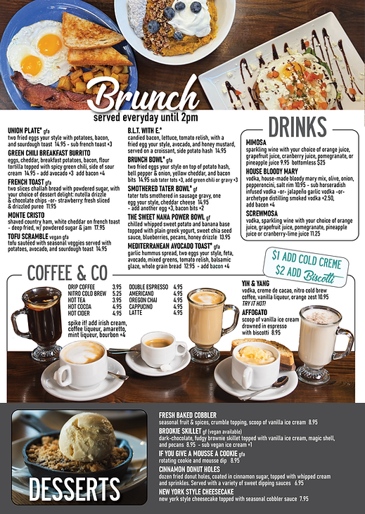 Brunch Menu, Coffee & Hot Drinks, Desserts