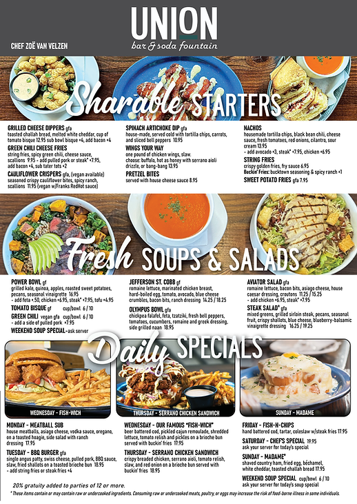 Sharable Starters, Fresh Soups & Salads, Daily Specials