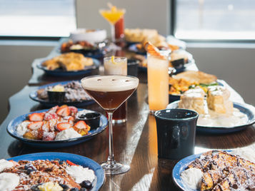 Brunch with Crafted Cocktails: French Toast, Biscuits & Gravy, Breakfast Burrito, American Breakfast, Tofu Scramble, Espresso Martini, Mimosa, Cold Brew Crafted Cocktail