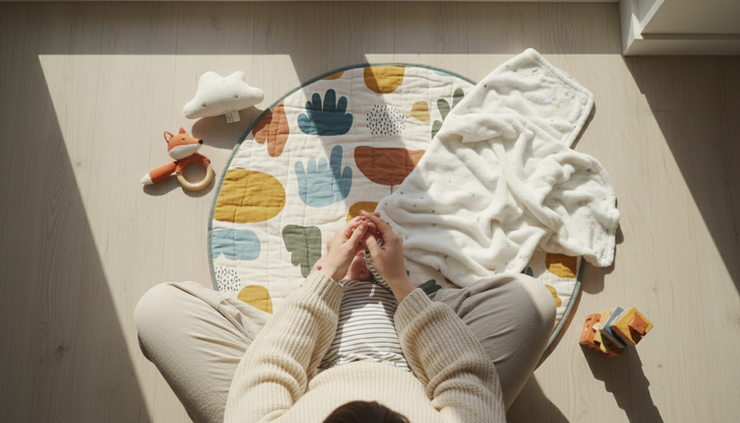 Overhead view of a parent holding a baby’s hand beside a colorful play mat.