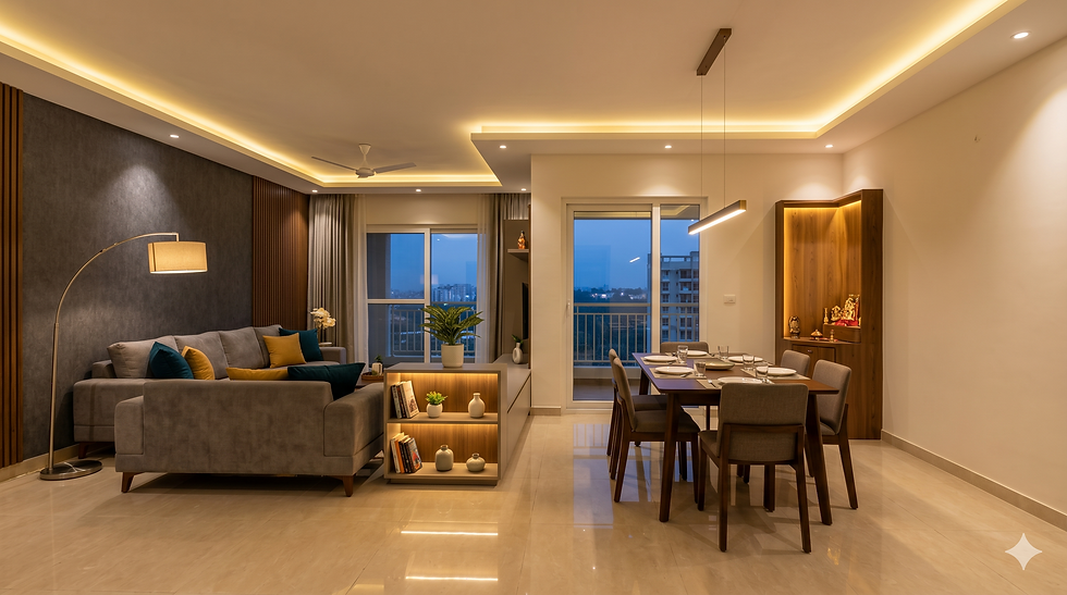 Completed living room interior by House of Designs in Whitefield Bangalore