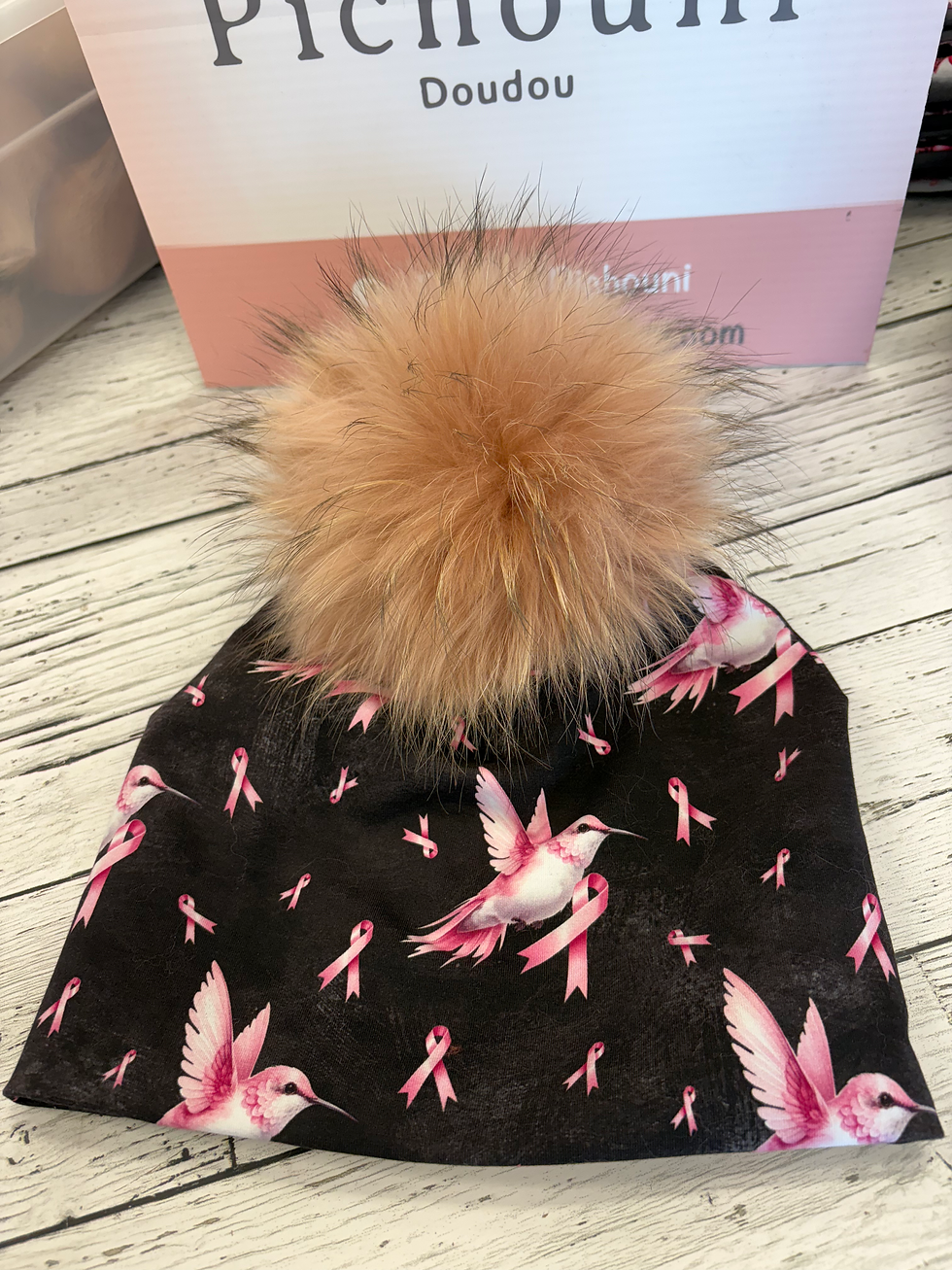 Miniature : Tuque légère cancer du sein avec pompon 