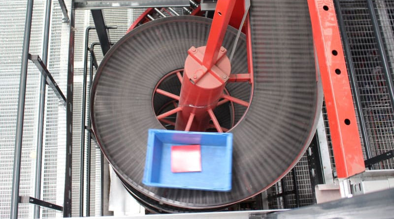 Spiral conveyor for crate transport in the logistics warehouse – SELF TRUST Romania