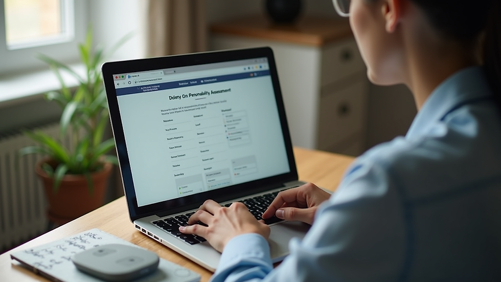 Eye-level view of a person taking an online personality assessment on a laptop