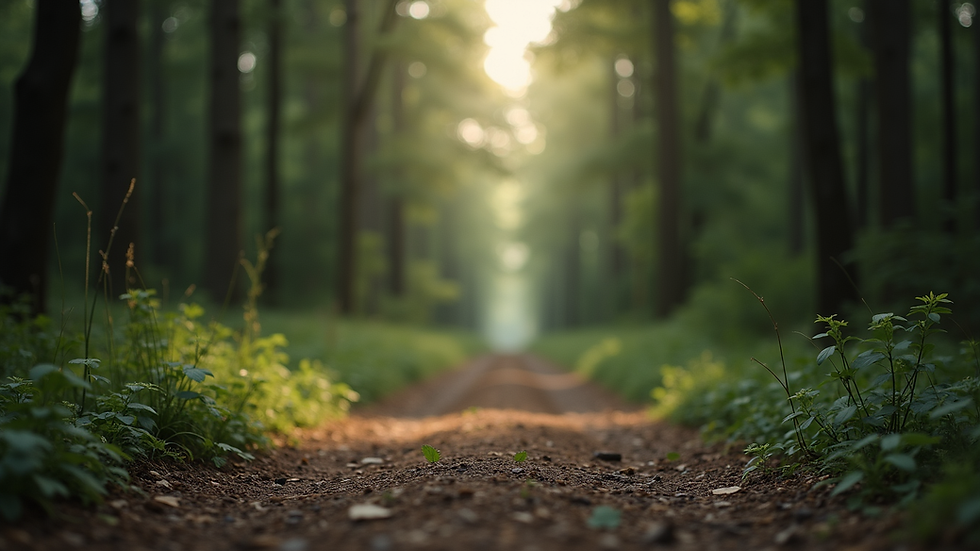 Eye-level view of a serene forest path