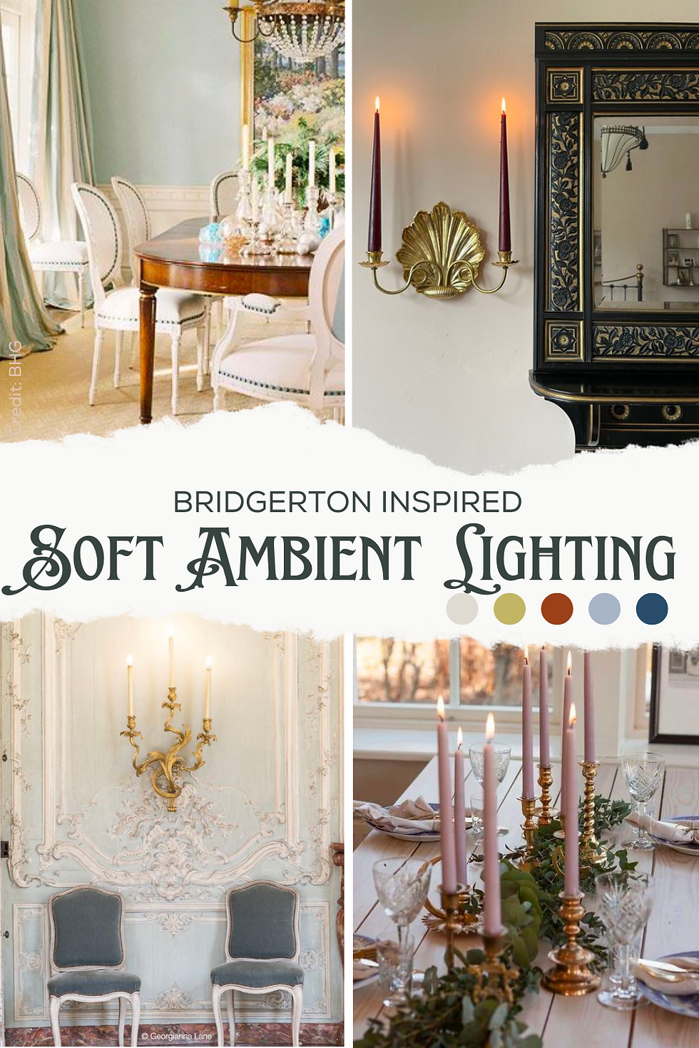 soft ambient lighting, regency sconces, candles, elegant dining room lights