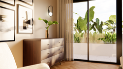 Commode chambre avec vue sur jardinières toit-terrasse, appartement Nice Côte d'Azur