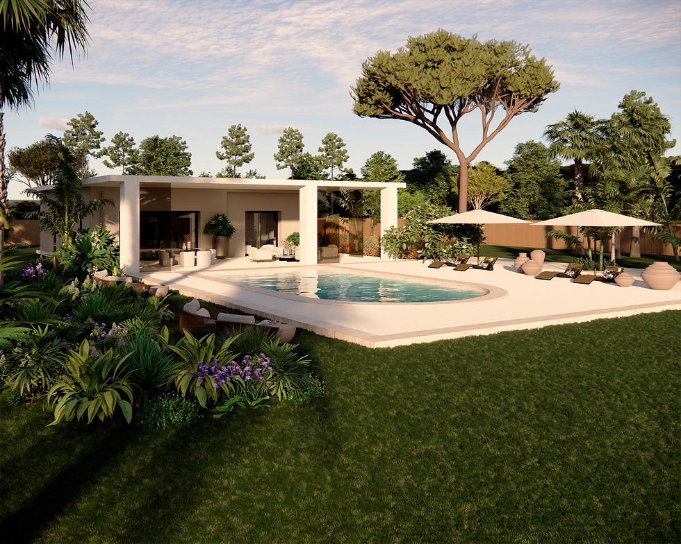 Insertion paysagère villa contemporaine plain-pied avec piscine et jardin, Nice Côte d'Azur