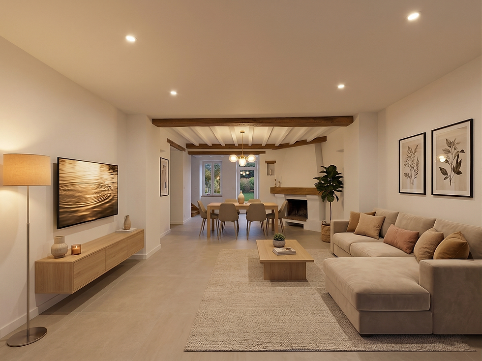 Rendu photoréaliste d'un salon contemporain — villa Côte d'Azur. Conception et modélisation 3D, Moodplan.