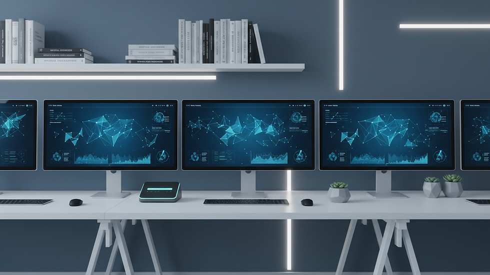 Eye-level view of a modern office workspace with multiple computer screens displaying data analytics