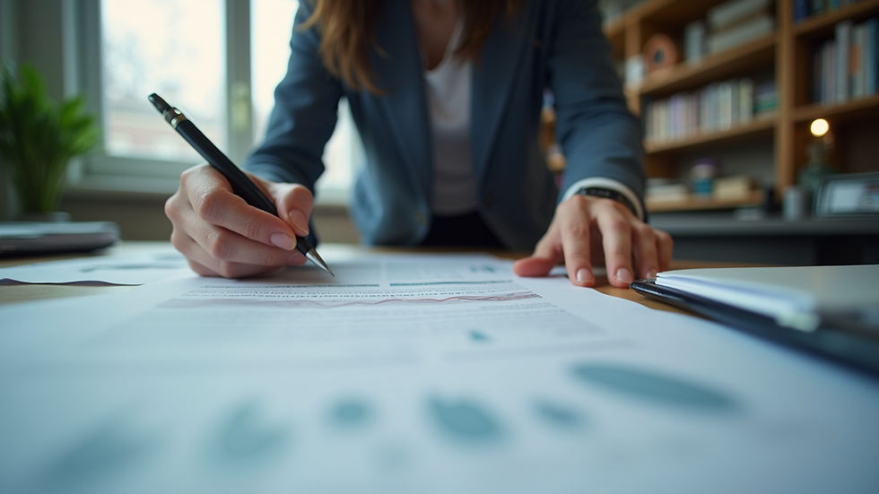 Eye-level view of a researcher analyzing academic papers on a desk