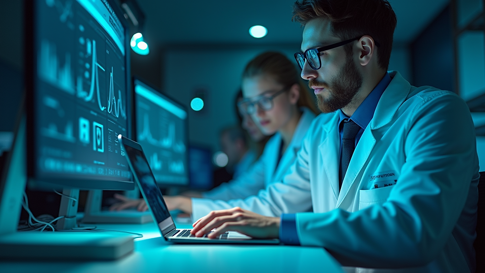 Eye-level view of a researcher collaborating with a team using AI tools