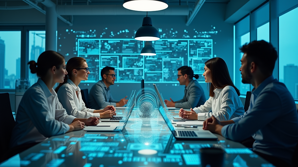 High angle view of a collaborative workspace with multiple researchers discussing