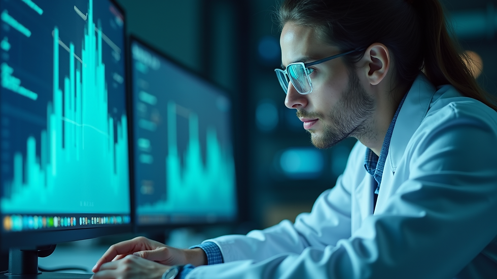 Eye-level view of a scientist working with data visualisation on a screen