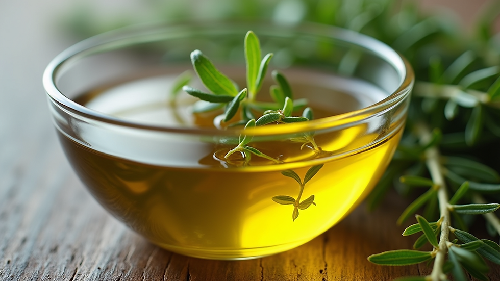 Close-up view of small glass bowl with natural oil and fresh herbs