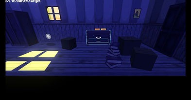 Screenshot from a game with a ghost character possessing some drawers. The sun shines onto the floor in a window pattern.