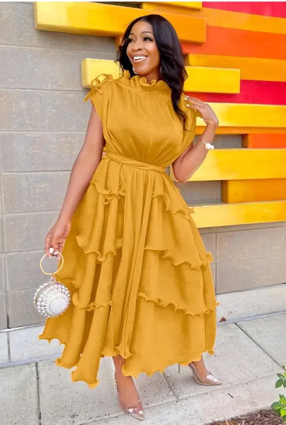Ruffled Round Neck Lady  Dress
