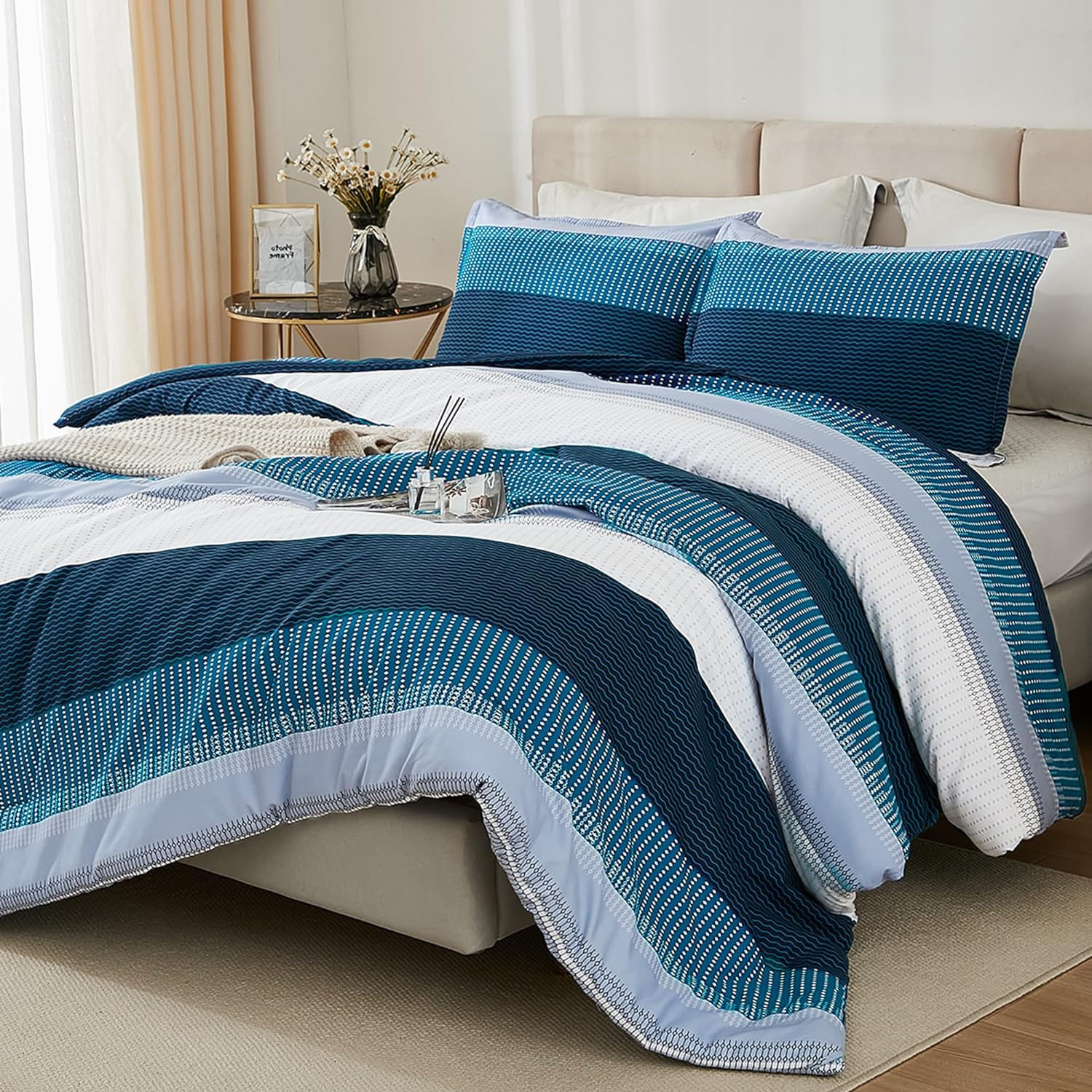 Litanika Navy Blue Comforter Queen Size Set, 3 Pieces Bedding Set