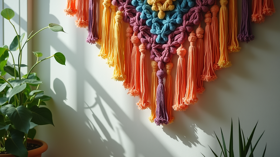 Close-up view of a colorful macramé wall hanging with plants nearby