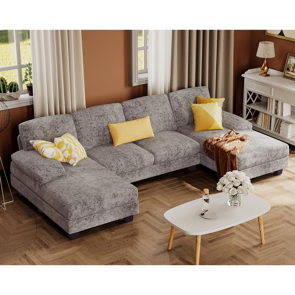 U-Shaped Sectional Sofa Couches for Living Room, 4 Seat Linen Fabric Couch Set