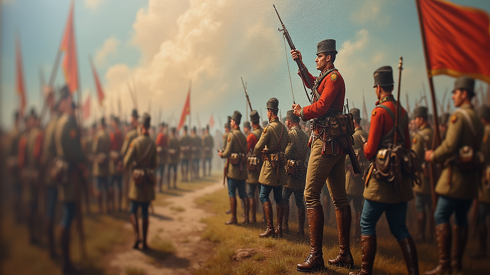 Close-up view of a detailed military oil painting showing a historic battle scene